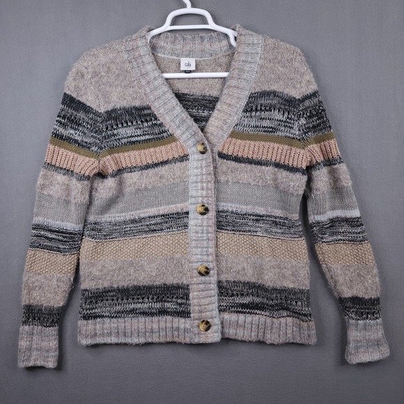 CAbi Sweaters - Cabi Womens Small Striped Button Front Knit Cardigan Sweater Gray Pink